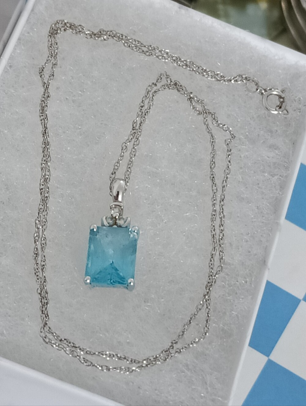 10K White Gold/Genuine Diamonds Emerald-cut Blue Topaz Pendant Necklace